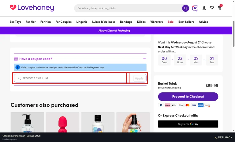 Lovehoney checkout page showing the e.g. PROMO20 / VIP / UNI field and Apply button