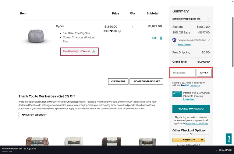 LoveSac checkout page showing the Promo Code field and APPLY button