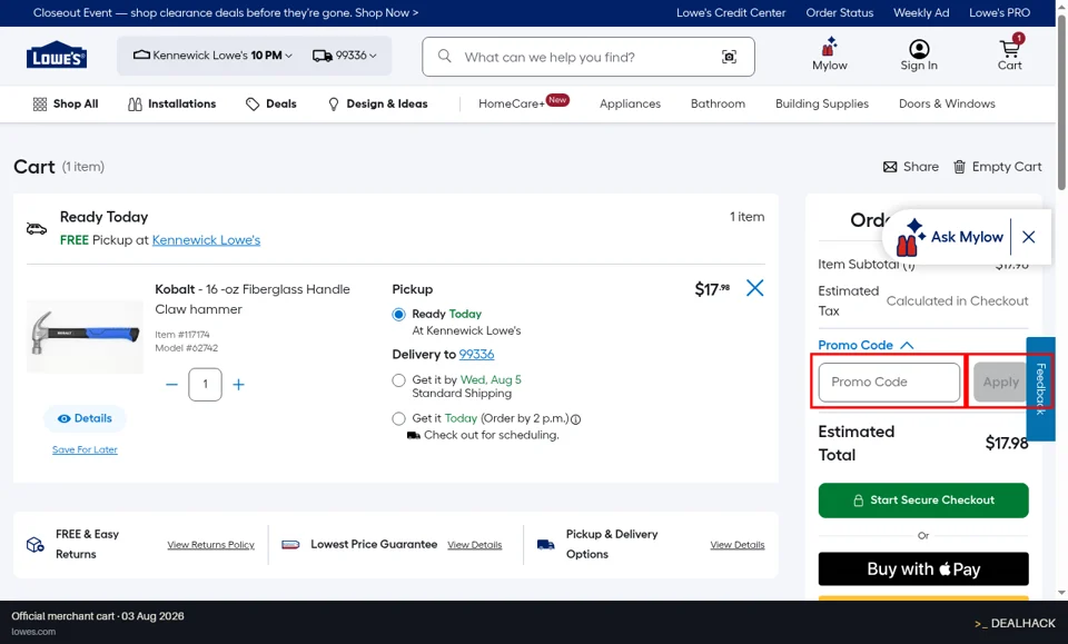 Lowe's checkout page showing the Promo Code field and Apply button