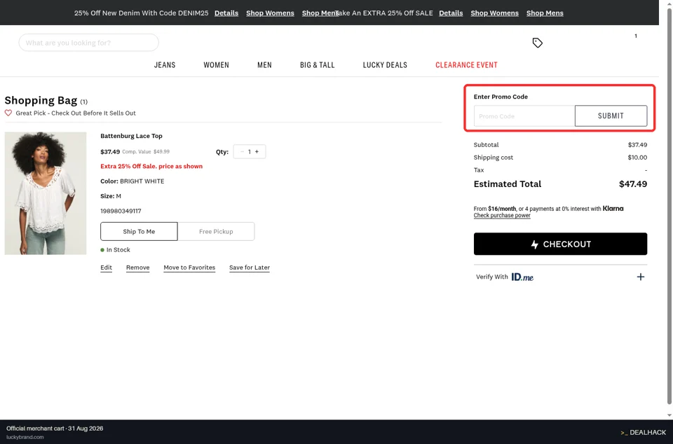 Lucky Brand checkout page showing the Enter Promo Code field and SUBMIT button