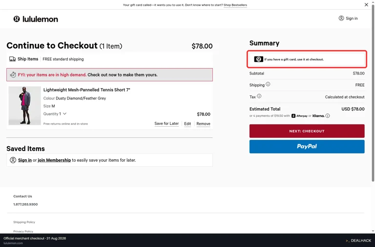 Lululemon checkout page showing the If you have a gift card, use it at checkout. field and Apply button