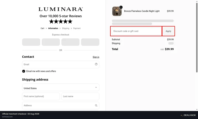 Luminara checkout page showing the Discount code or gift card field and Apply button