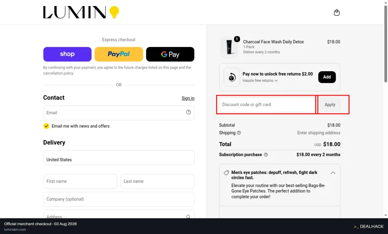 Lumin checkout page showing the Discount code or gift card field and Apply button