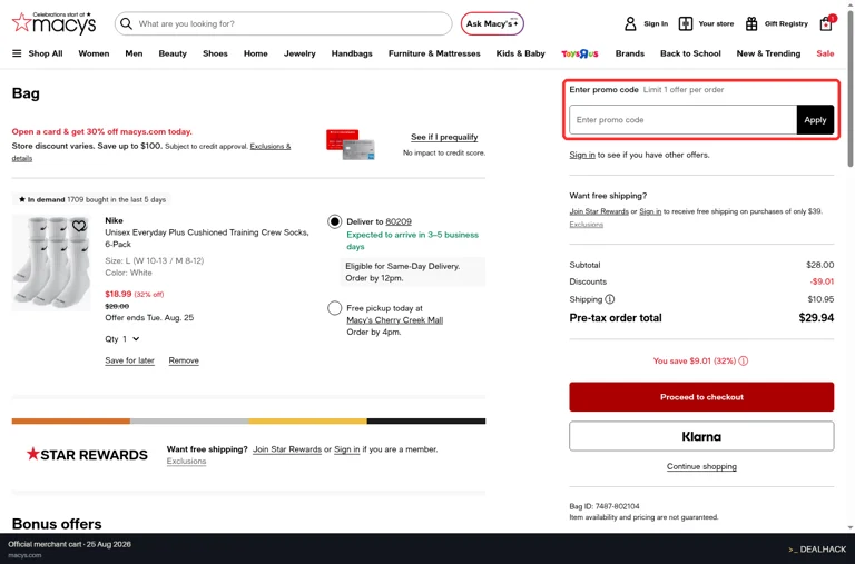 Macy's checkout page showing the Enter promo code field and Apply button