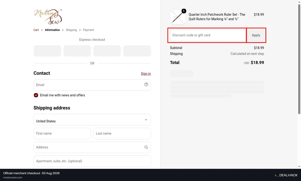 Madam Sew checkout page showing the Discount code or gift card field and Apply button