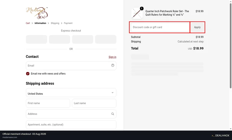 Madam Sew checkout page showing the Discount code or gift card field and Apply button