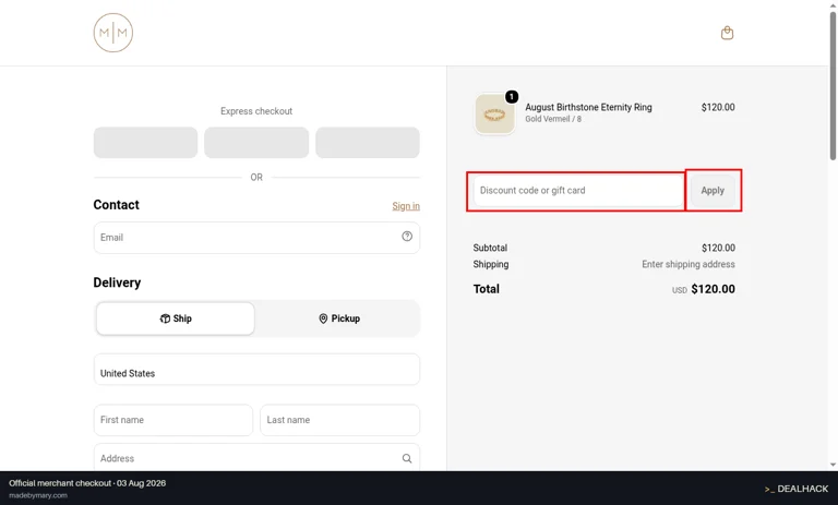 Made By Mary checkout page showing the Discount code or gift card field and Apply button
