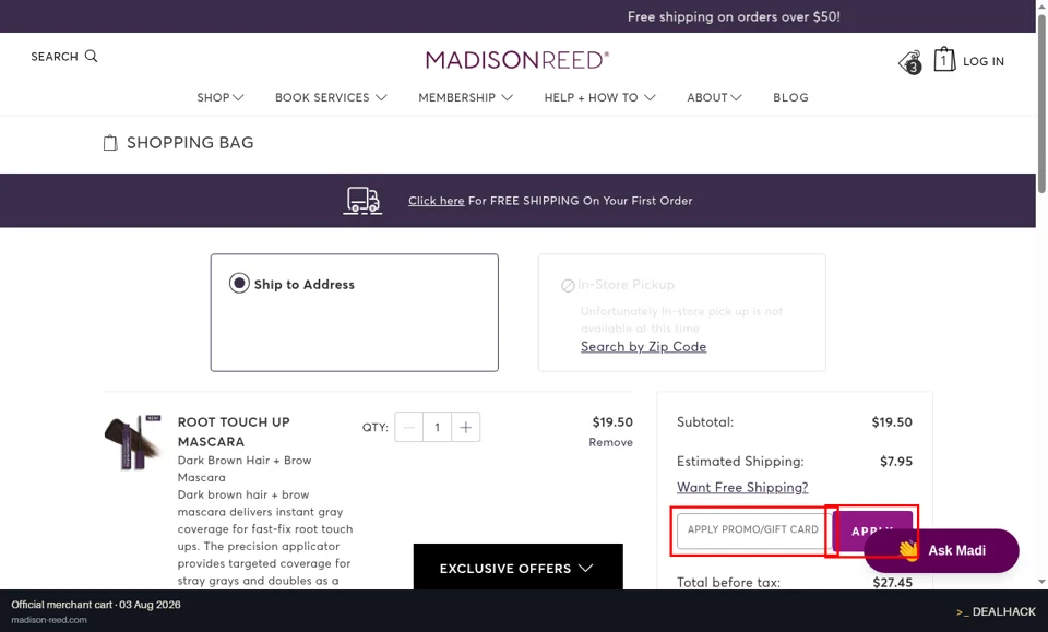 Madison Reed checkout page showing the APPLY PROMO/GIFT CARD field and Apply button