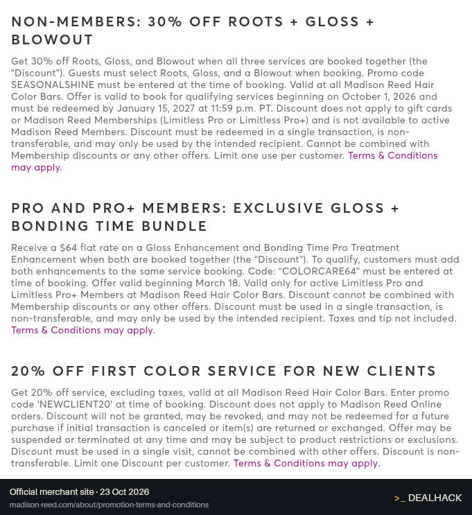 Screenshot of Madison Reed's website on Oct 23, 2026 showing the "Save 30% on Roots, Gloss, and Blowout Together" offer