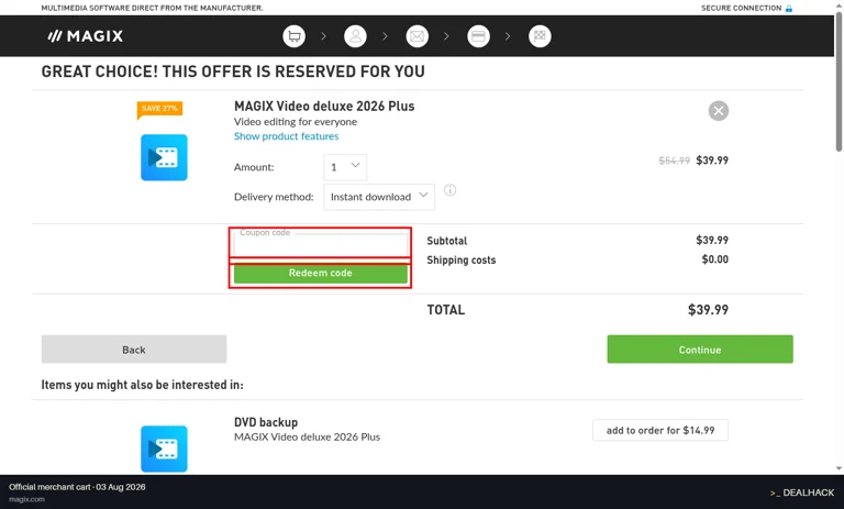 MAGIX checkout page showing the Coupon code field and Redeem code button