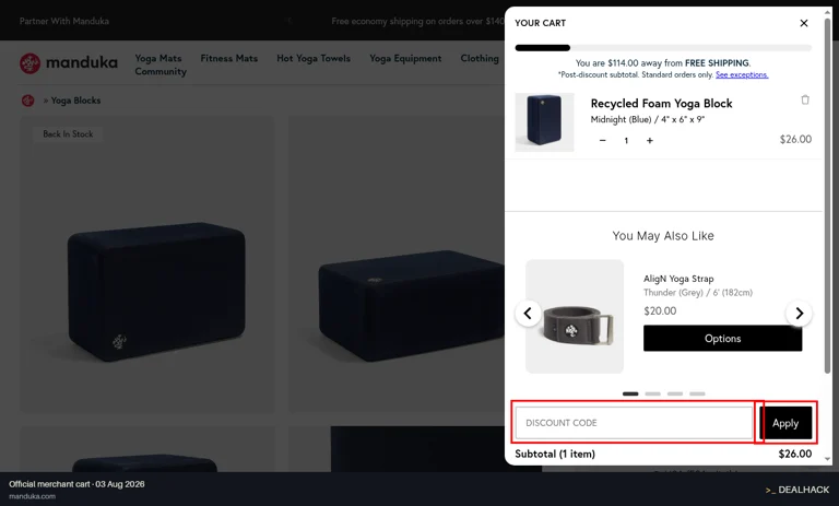 Manduka checkout page showing the Discount Code field and Apply button