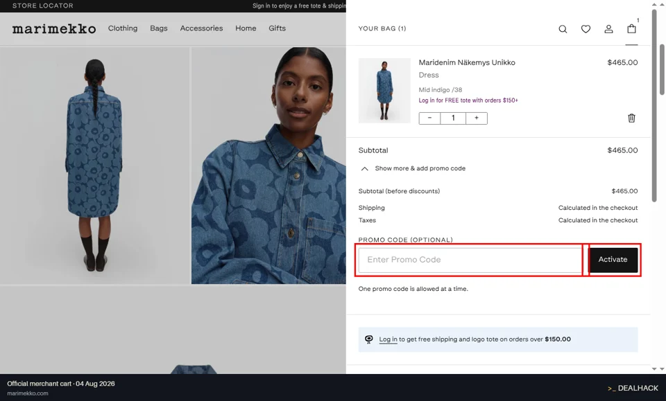 Marimekko checkout page showing the Enter Promo Code field and Activate button