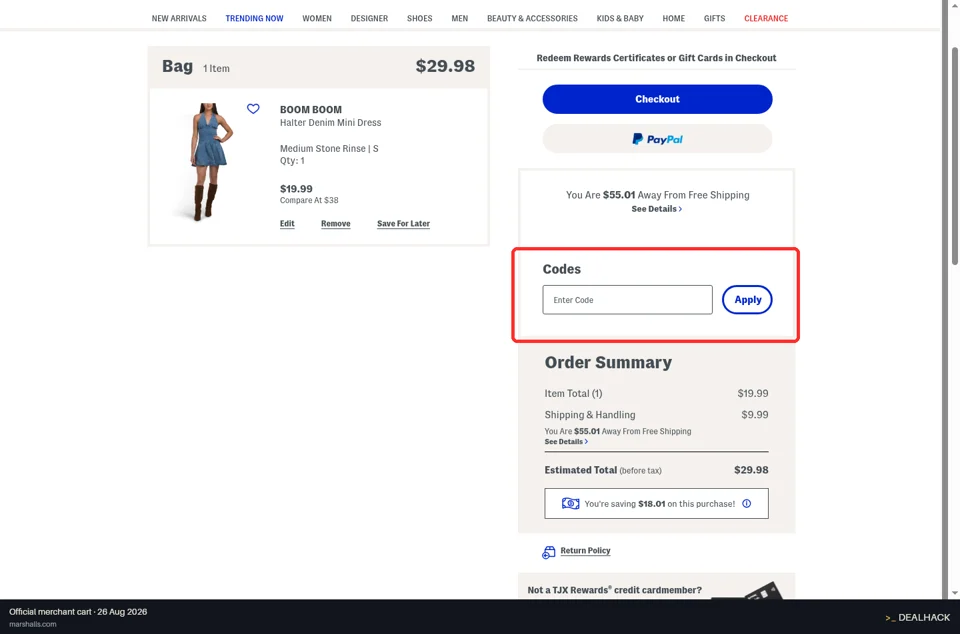 Marshalls checkout page showing the Enter Code field and Apply button
