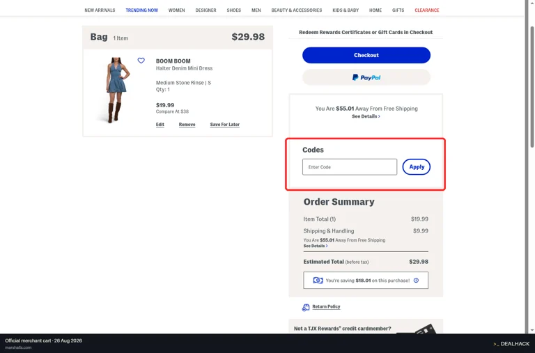 Marshalls checkout page showing the Enter Code field and Apply button