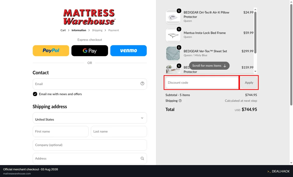 Mattress Warehouse checkout page showing the Discount code field and Apply button