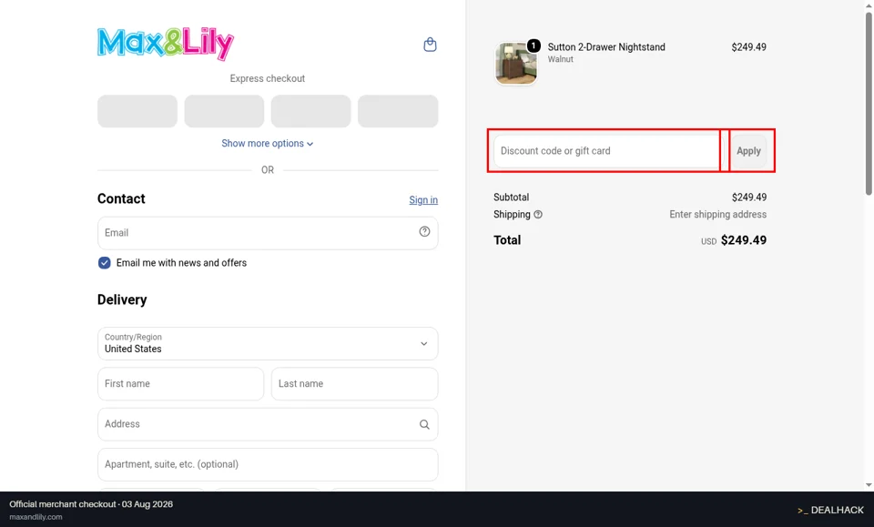 Max & Lily checkout page showing the Discount code or gift card field and Apply button