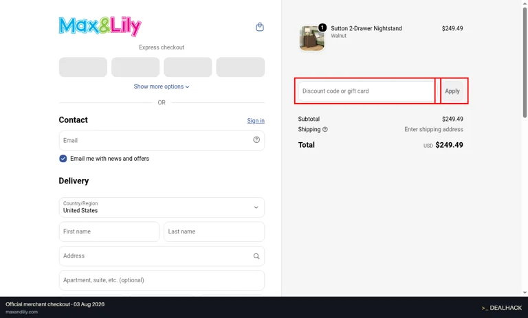 Max & Lily checkout page showing the Discount code or gift card field and Apply button