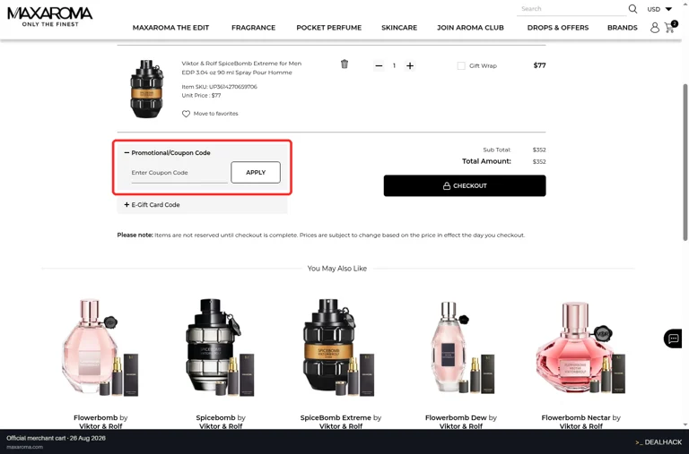 Maxaroma checkout page showing the Enter Coupon Code field and Apply button