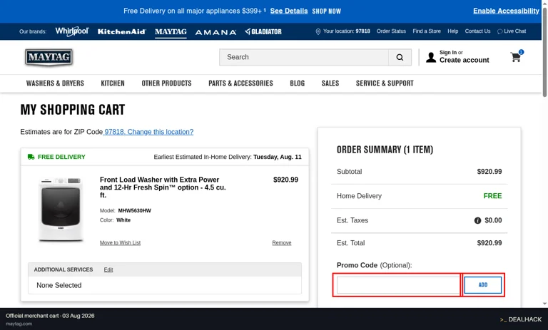 Maytag checkout page showing the Promo Code (Optional) field and Add button