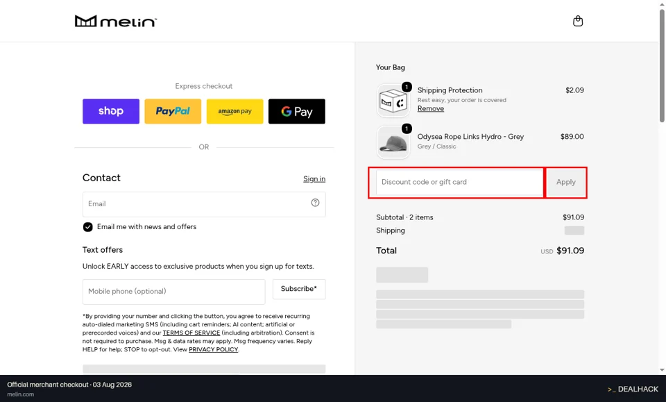 Melin checkout page showing the Discount code or gift card field and Apply button