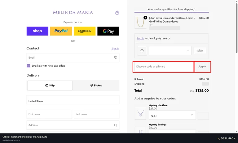 Melinda Maria checkout page showing the Discount code or gift card field and Apply button