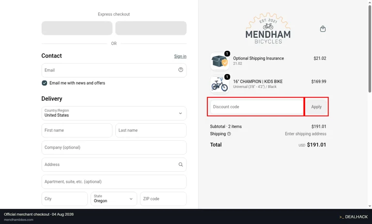Mendham Bikes checkout page showing the Discount code field and Apply button