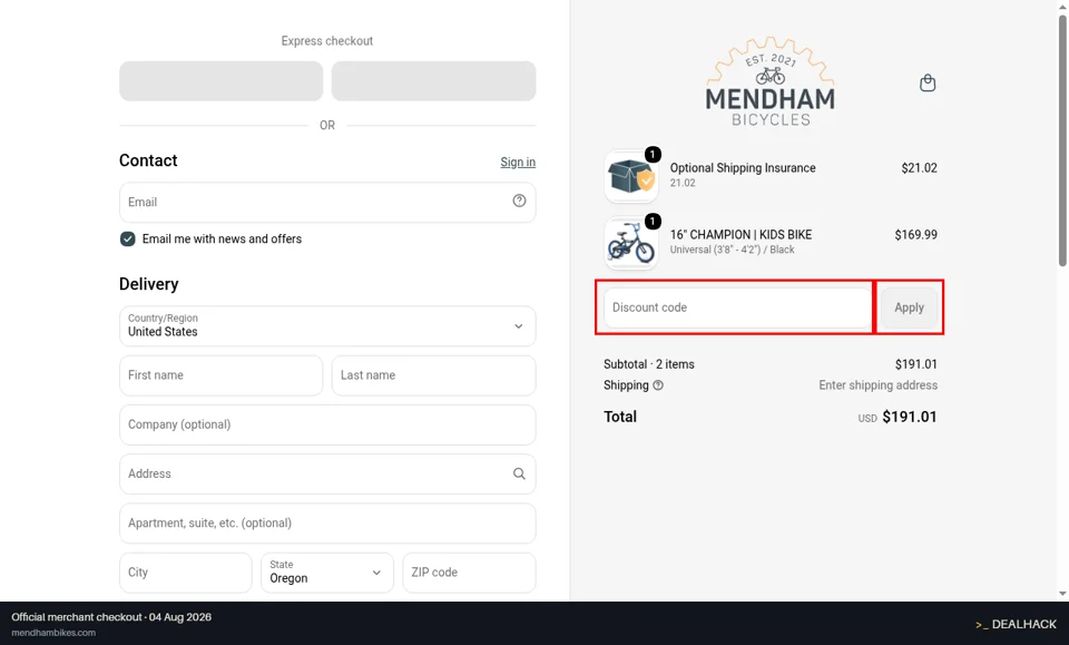 Mendham Bikes checkout page showing the Discount code field and Apply button
