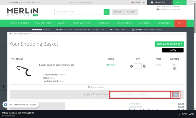 Merlin Cycles checkout page showing the Enter your offer, discount or voucher code field and Add button