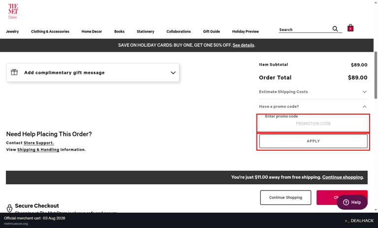 The Metropolitan Museum of Art checkout page showing the Promotion Code field and Apply button