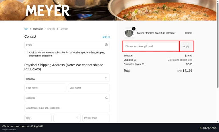 Meyer Canada checkout page showing the Discount code or gift card field and Apply button
