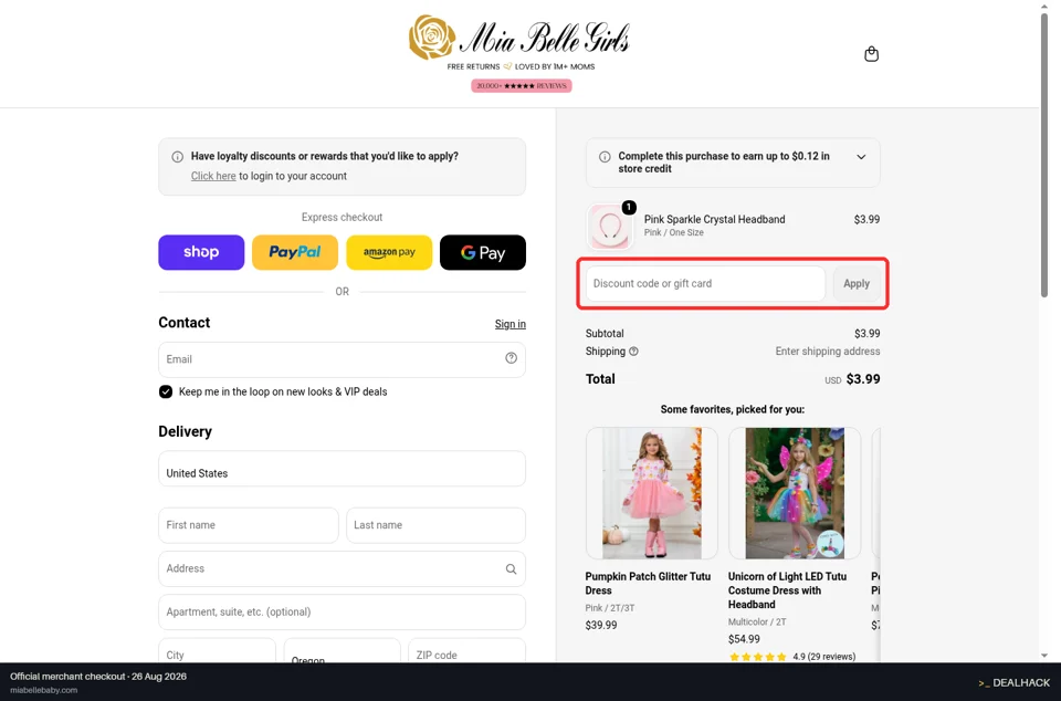 Mia Belle Baby checkout page showing the Discount code or gift card field and Apply button