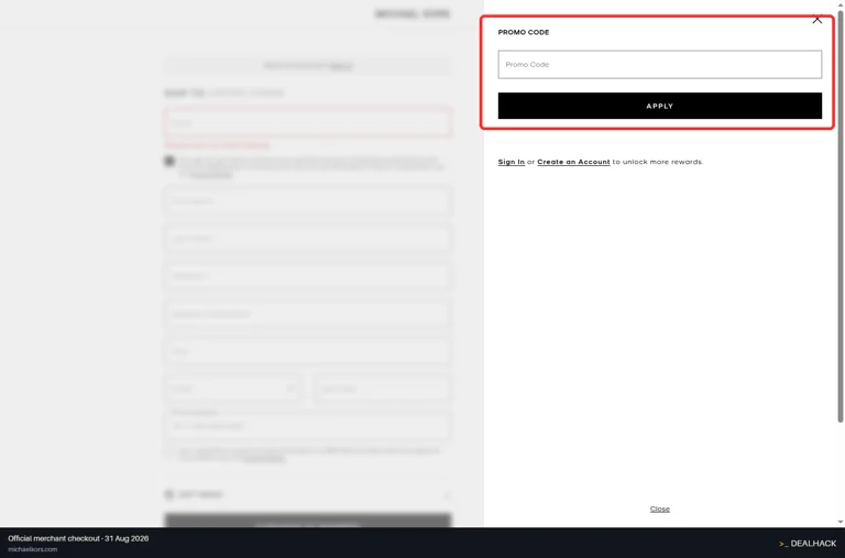 Michael Kors checkout page showing the Promo Code field and Apply button