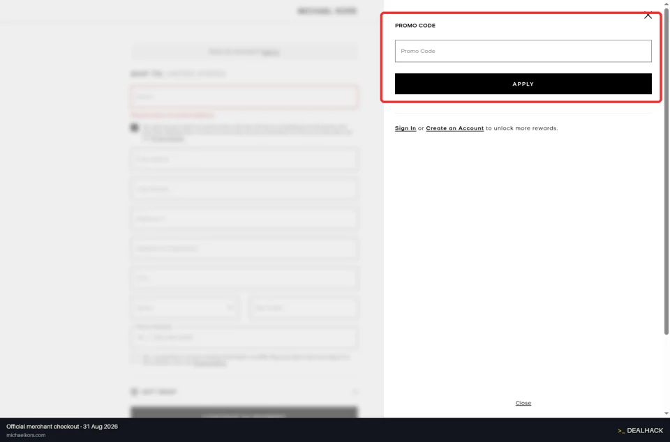 Michael Kors checkout page showing the Promo Code field and Apply button