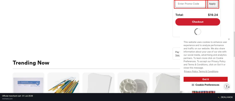 Michaels checkout page showing the Enter Promo Code field and Apply button