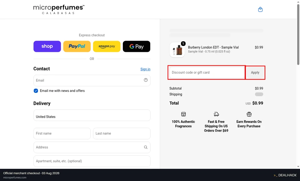 MicroPerfumes checkout page showing the Discount code or gift card field and Apply button