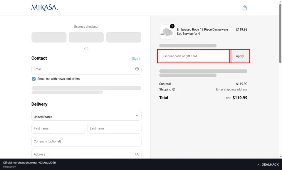 Mikasa checkout page showing the Discount code or gift card field and Apply button