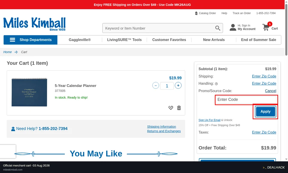 Miles Kimball checkout page showing the Enter Code field and Apply button