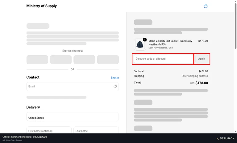 Ministry of Supply checkout page showing the Discount code or gift card field and Apply button