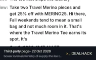 Screenshot of bossar.io listing a Ministry of Supply coupon on Oct 22, 2026 showing the "Save 25% on Two Travel Merino Pieces" offer