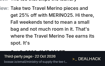 Screenshot of bossar.io listing a Ministry of Supply coupon on Oct 22, 2026 showing the "Save 25% on Two Travel Merino Pieces" offer