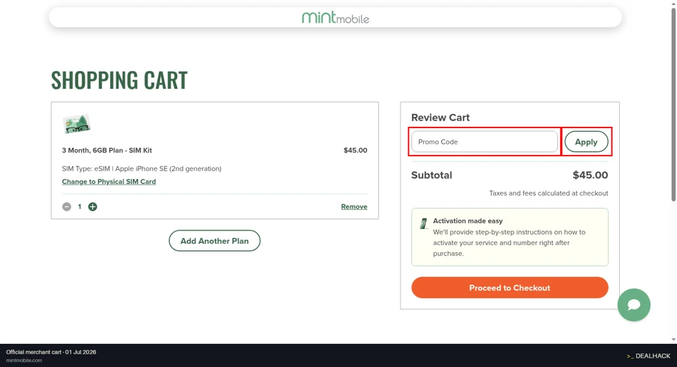 Mint Mobile checkout page showing the Have a promo code? field and Apply button