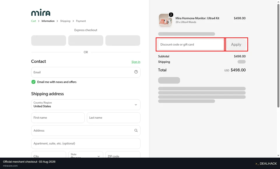 Mira Care checkout page showing the Discount code or gift card field and Apply button