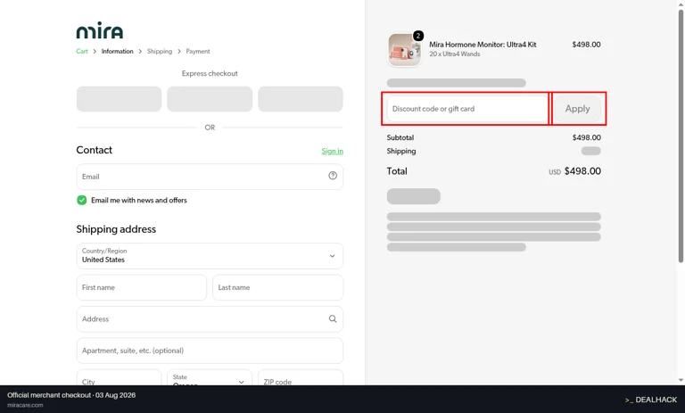 Mira Care checkout page showing the Discount code or gift card field and Apply button