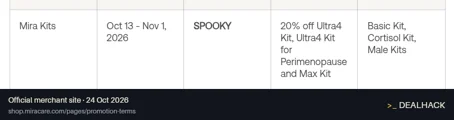 Screenshot of Mira Care's website on Oct 24, 2026 showing the "Take 20% Off Mira Kits" offer
