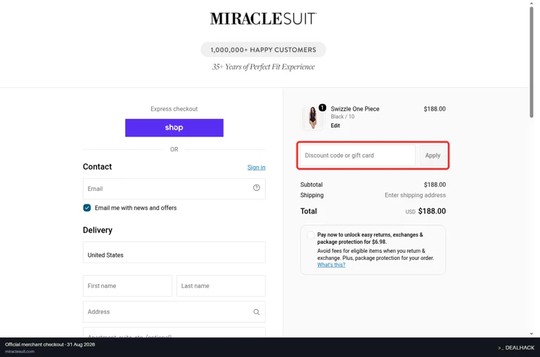 Miraclesuit checkout page showing the Discount code or gift card field and Apply button