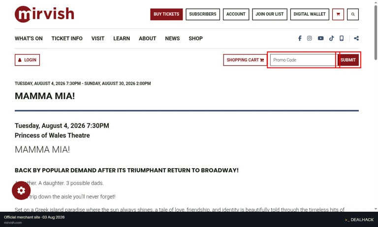 Mirvish Productions checkout page showing the Promo Code field and submit button
