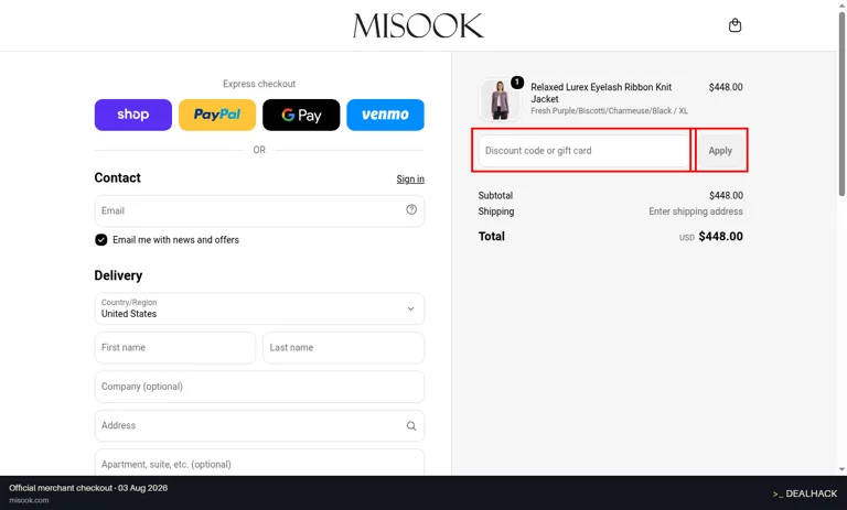 Misook checkout page showing the Discount code or gift card field and Apply button