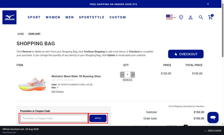 Mizuno checkout page showing the Promotion or Coupon Code field and Apply button