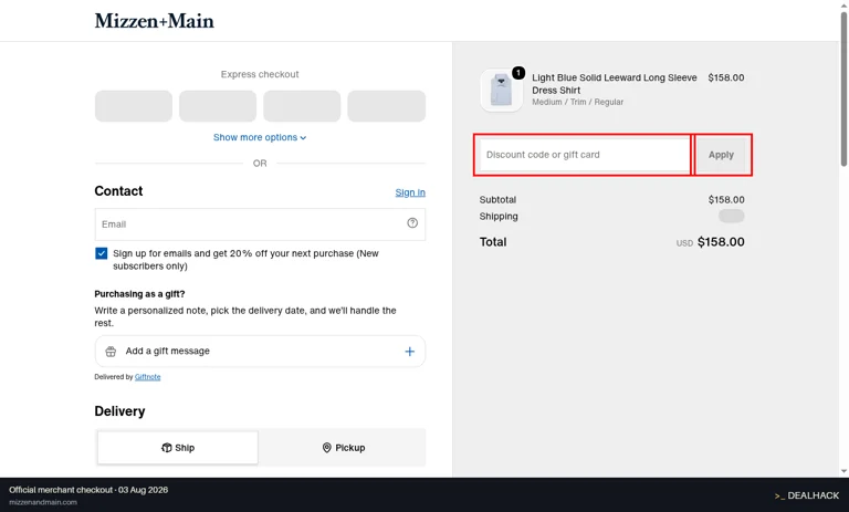 Mizzen+Main checkout page showing the Discount code or gift card field and Apply button
