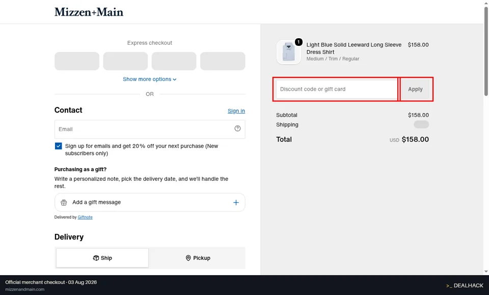 Mizzen+Main checkout page showing the Discount code or gift card field and Apply button